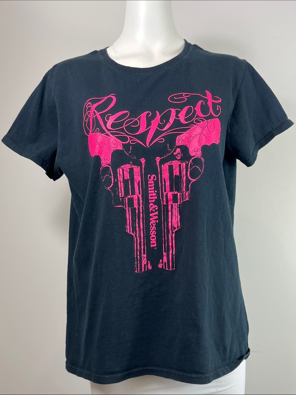 Smith & Wesson Women's Black Short Sleeve Tee with Pink 'Respect' Graphic